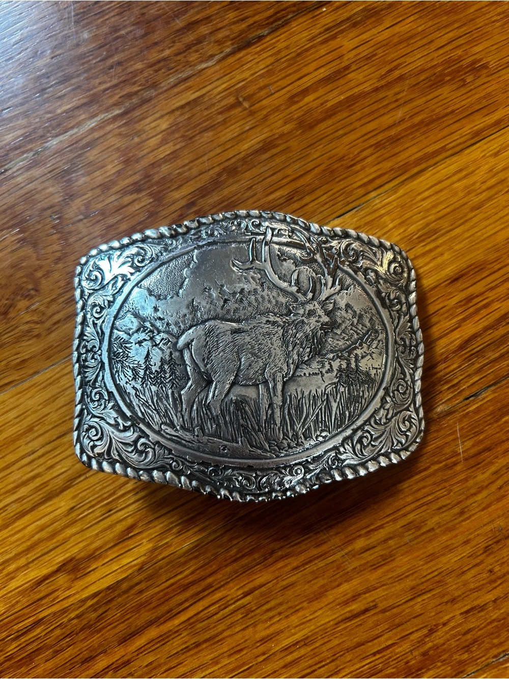 Crumrine vintage Antique-Style Silver Elk Engraved Men’s Belt Buckle